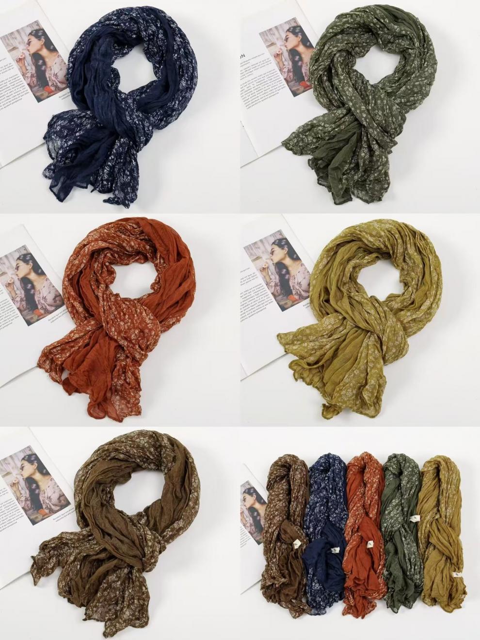 春秋麻花围巾褶皱简约百搭丝巾韩版外贸碎花披肩巴厘纱围巾女围脖详情7