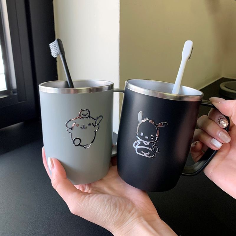 Japanese-style 304 stainless steel washbasin cup, anti-mold brushing water cup with handle, simple and cute for a family of three on Instagram pic 2