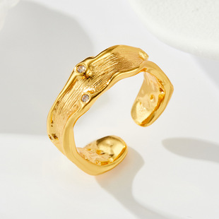 Light luxury retro geometric square brushed open ring, copper alloy real gold electroplated natural stone adjustable index finger ring pic 3