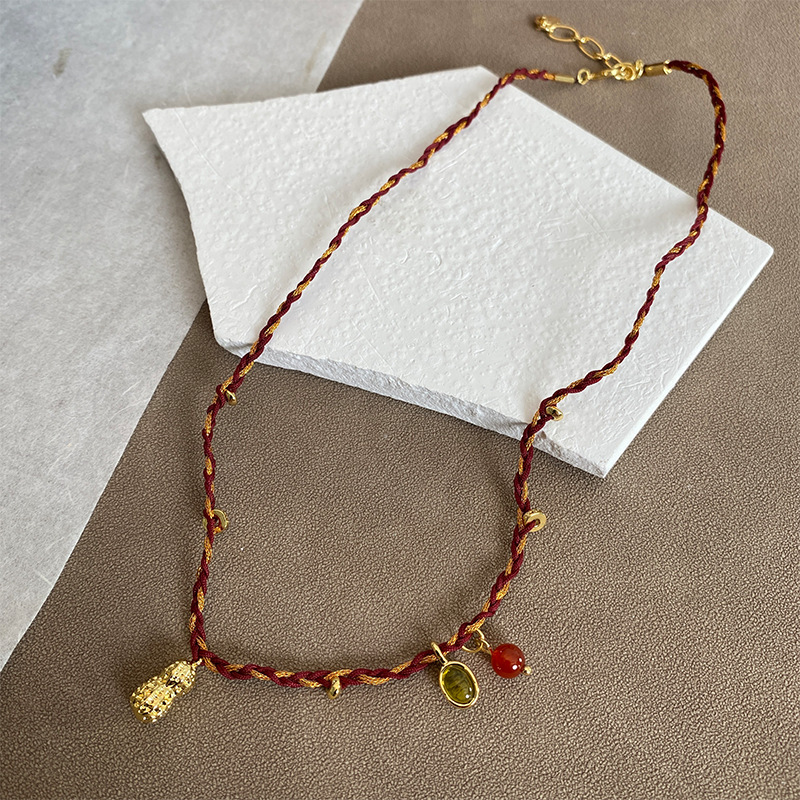 精致手作天然玉石红玛瑙编绳项链叠戴幸运硬币花生金色红绳手链女详情6