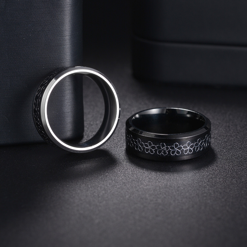 Cross-border new European and American oil drip ring small flower jewelry, flower pattern titanium steel ring 8mm bevel electroplated pic 4