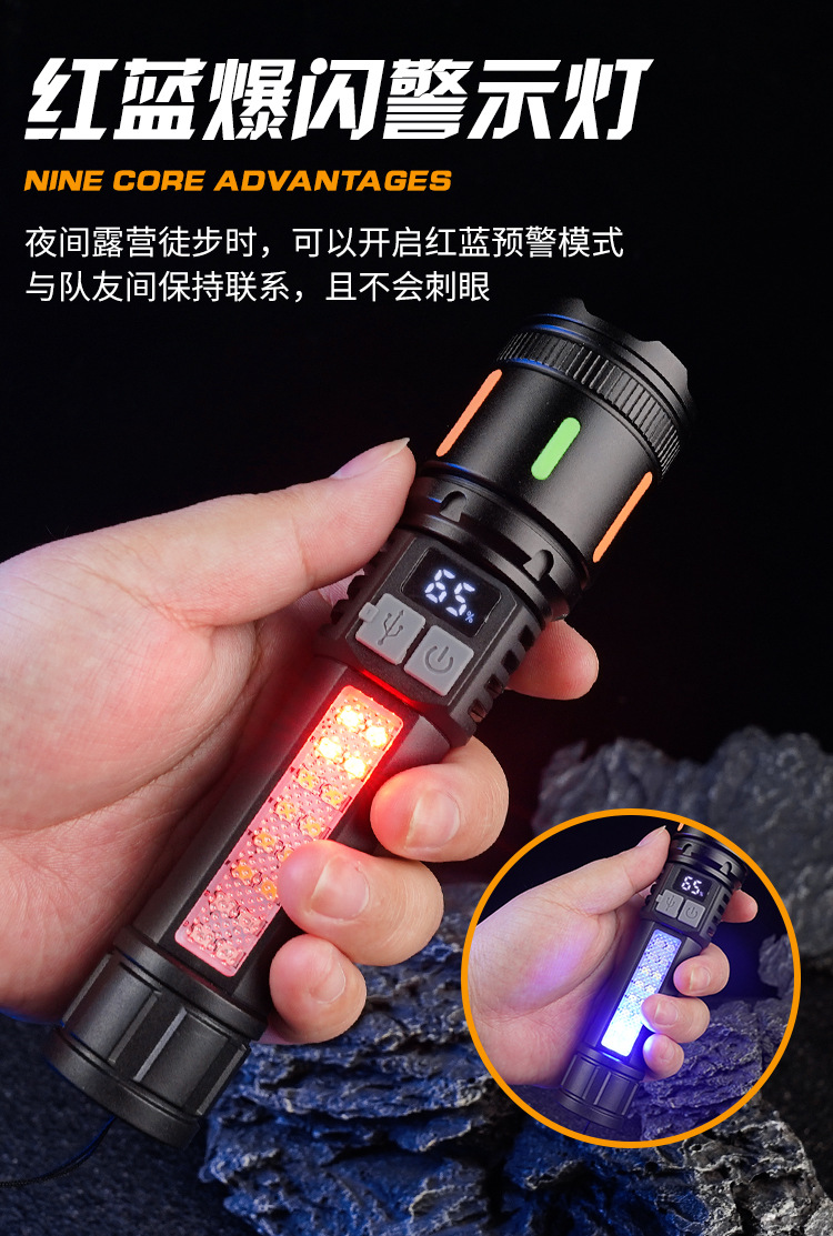 跨境白激光手电筒电显伸缩变焦远射高续航USB充电宝电量显示电筒详情11