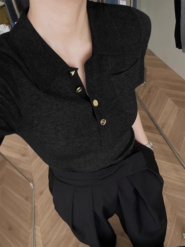 高级感黑色polo领正肩短袖T恤女春夏冰丝针织衫翻领法式气质上衣详情1