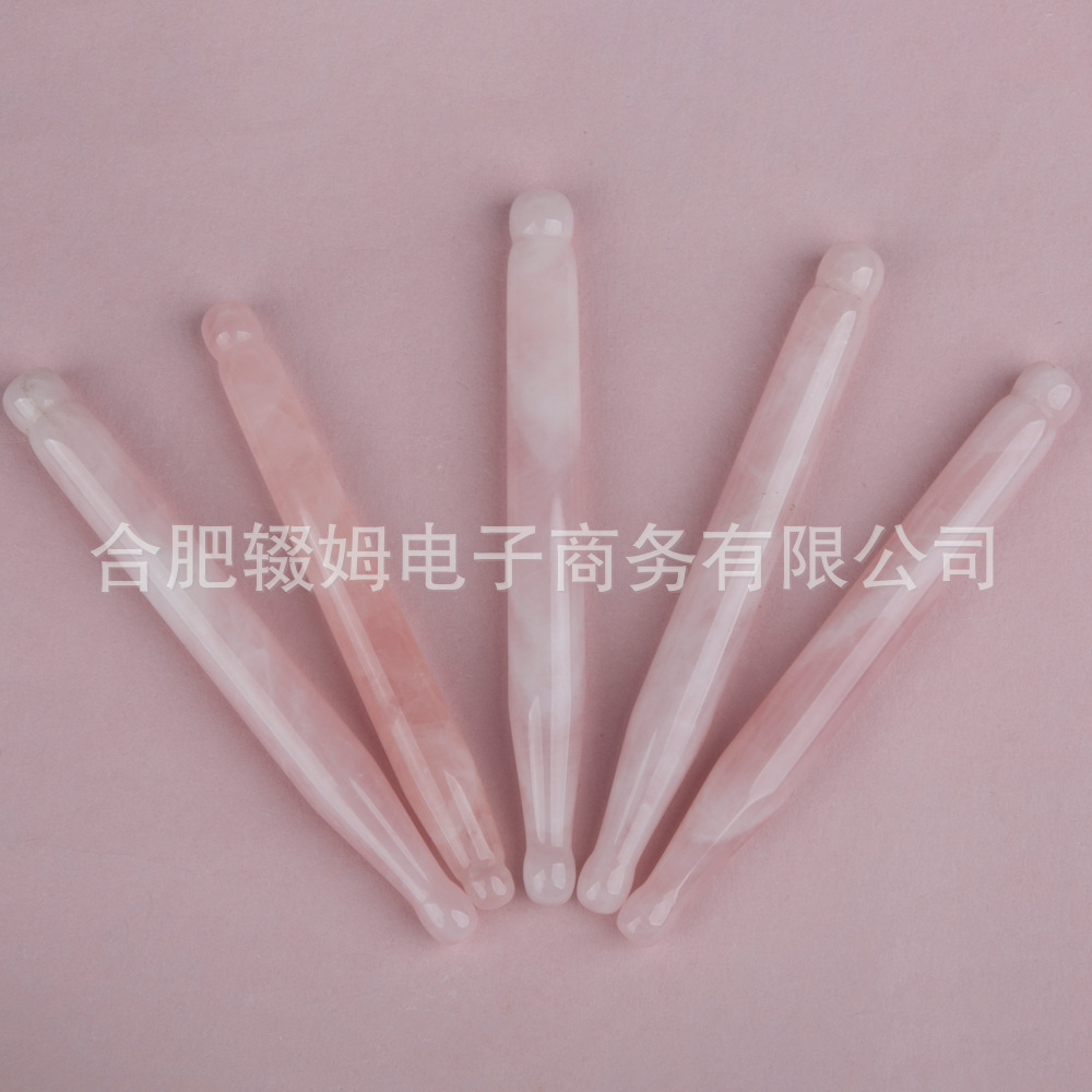 批发外贸天然粉晶玉石按摩器脸部面部刮板质感温润手工打磨穴位笔详情2