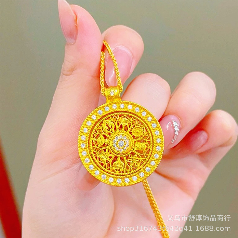 Long-lasting and colorless Vietnamese sand gold diamond-encrusted auspicious eight treasures compass and ruyi rope necklace, rotatable pendant sweater chain for women pic 4