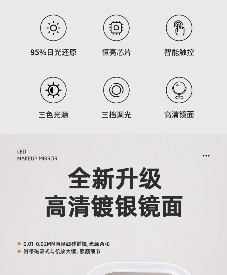 LED化妆镜智能可调三色灯光梳妆镜台式桌面补光镜塑料可调节镜子详情2