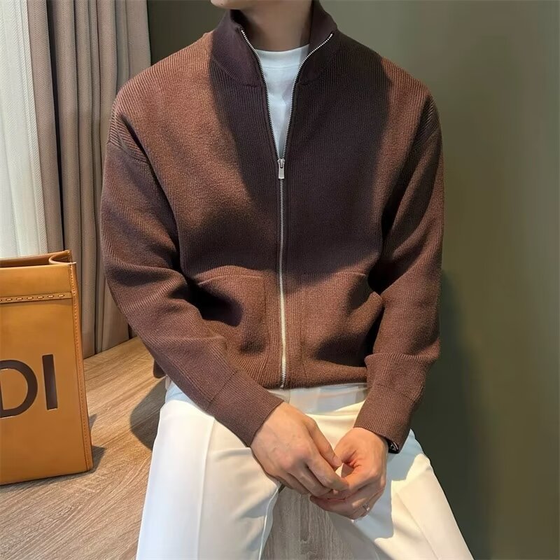 轻奢立领针织开衫外套男士春秋新款简约拉链纯色长袖毛衣男士上衣详情7