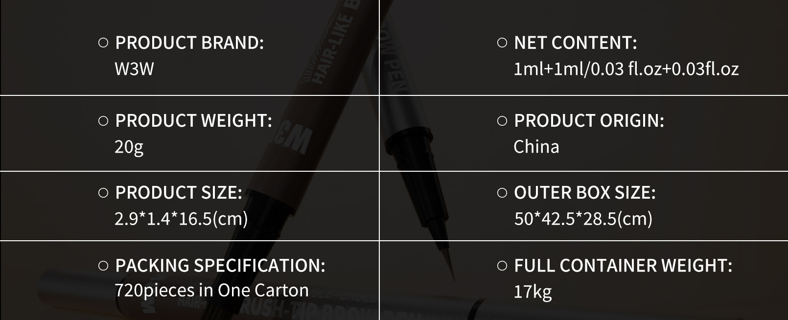 亚马逊TK爆款W3W双头毛刷头眉笔防水防汗野生4D仿真2in1液体眉笔详情2