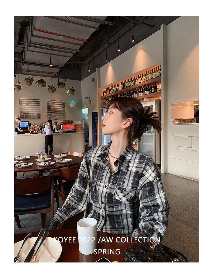 慵懒雅痞调调衬衫须须边短款格子衬衫女夏秋韩版宽松长袖衬衣女详情8