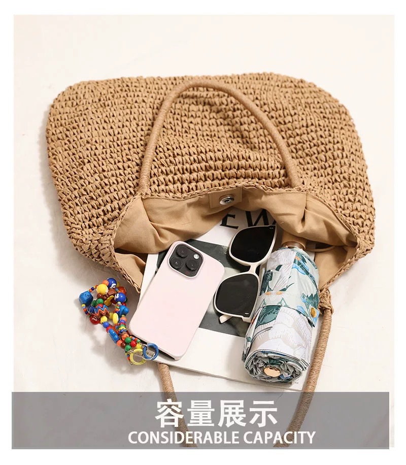 跨境草编包大容量简约托特草编包手工编织包通勤托特包腋下单肩包草包沙滩包草编包详情5