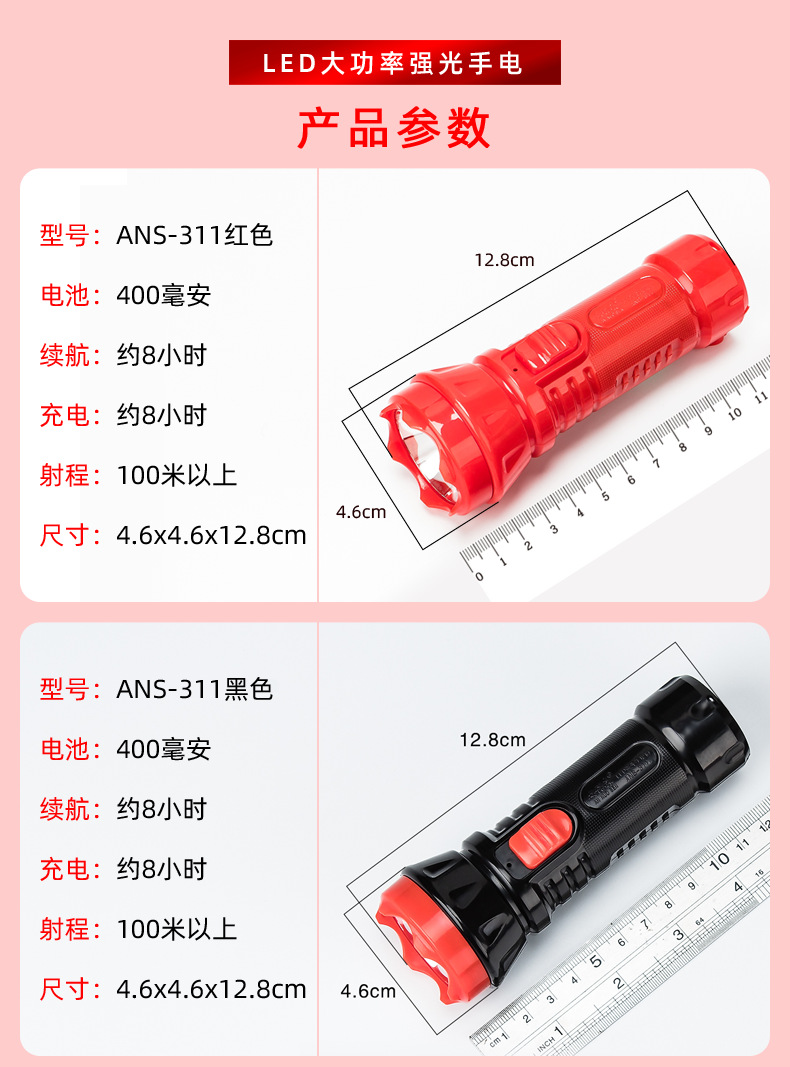 手电筒便捷充电长续航强光小手电led酒店宾馆出租房消防应急照明详情2