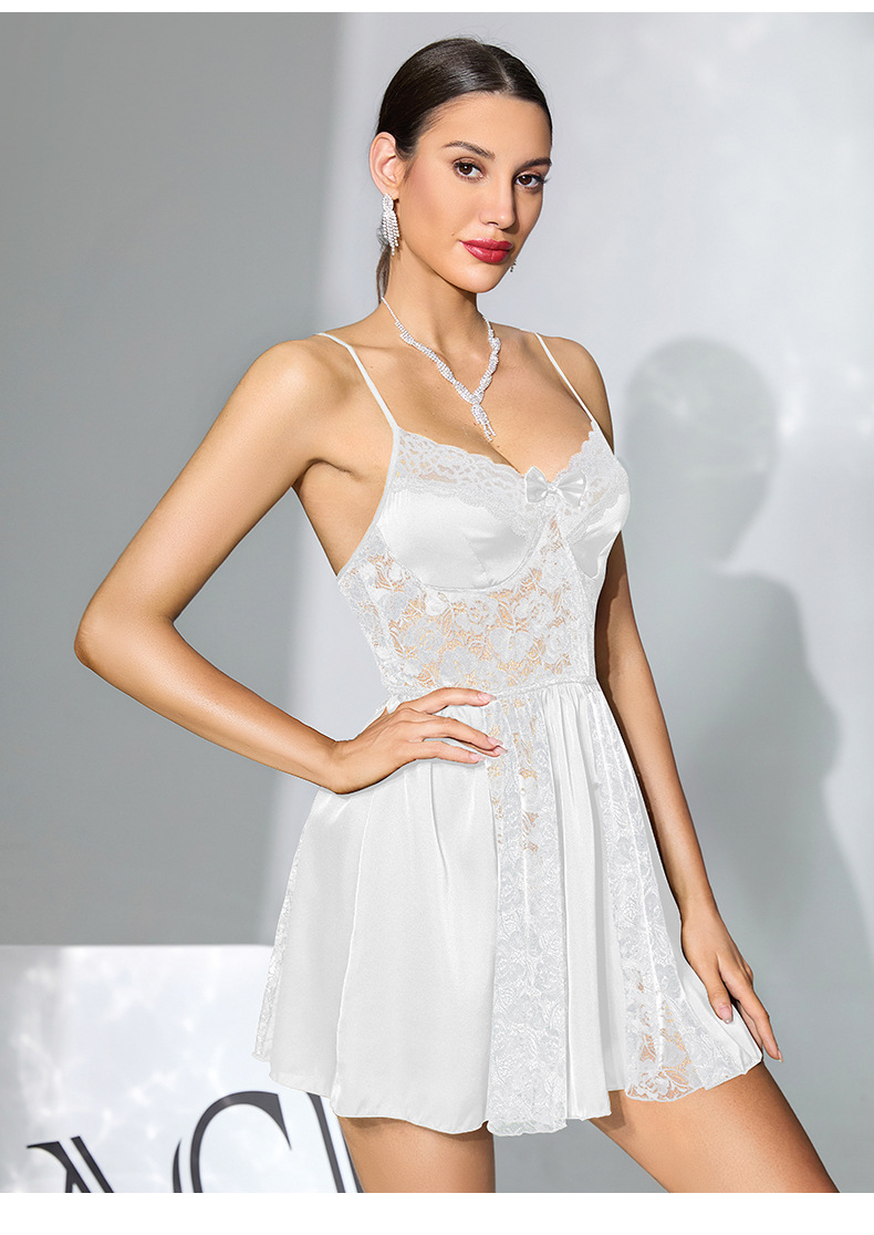 Fuente fábrica europa y américa sexy encaje patchwork satén halter vestido de dormir profundo V corto estilo blanco y negro dos colores inicio vestido 826 pic 12