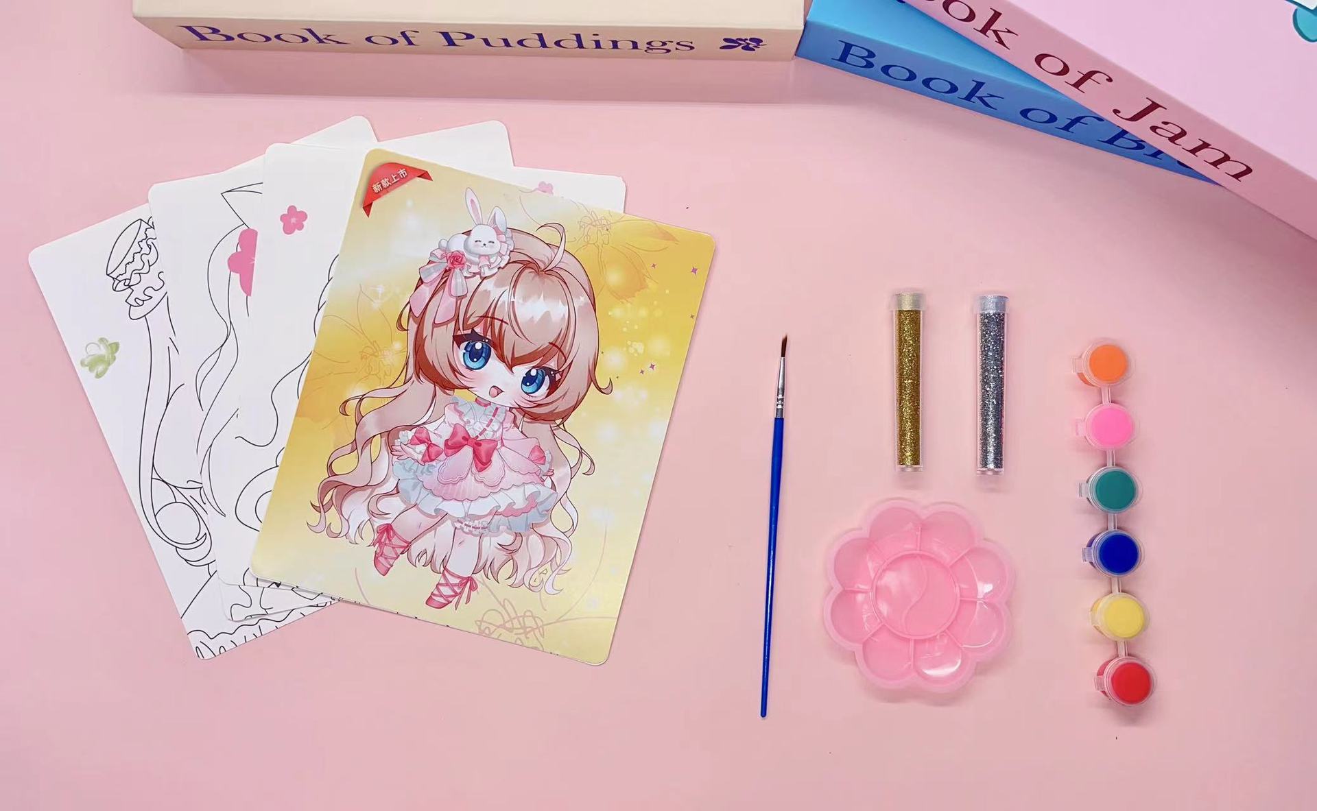 批发儿童彩妆贴画DIY填色涂鸦化妆贴画彩画彩铅钻贴6只笔一卡4张详情18