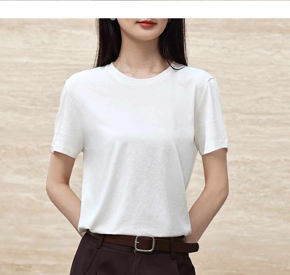 纯色棉亚麻圆领T恤女式春夏季薄款宽松上衣正肩显瘦套头休闲短袖详情43