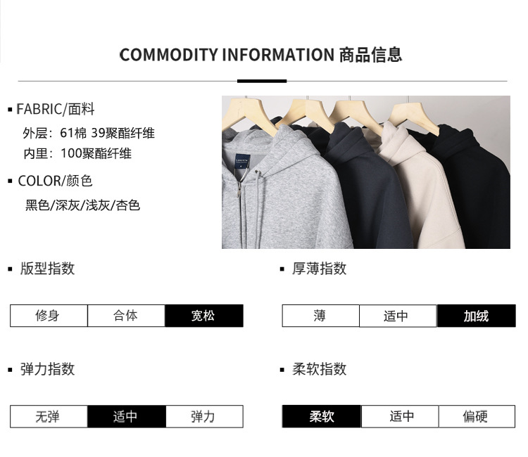 美式重磅奥粒绒外套男秋冬加绒加厚保暖拉链开衫休闲纯色连帽卫衣详情4