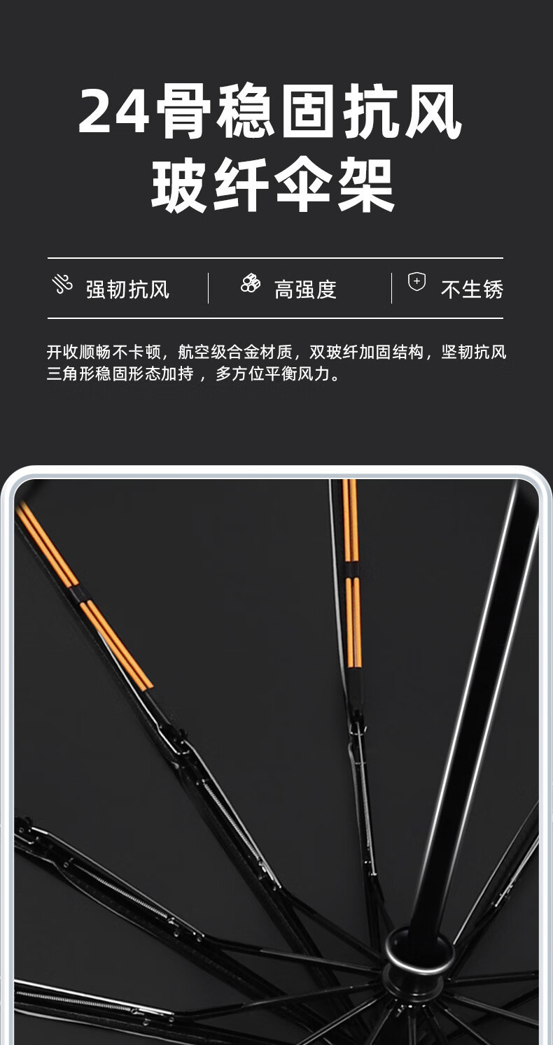 三丽鸥恒盾环扣24骨全自动晴雨伞黑色伞面带白色发光边缘详情4
