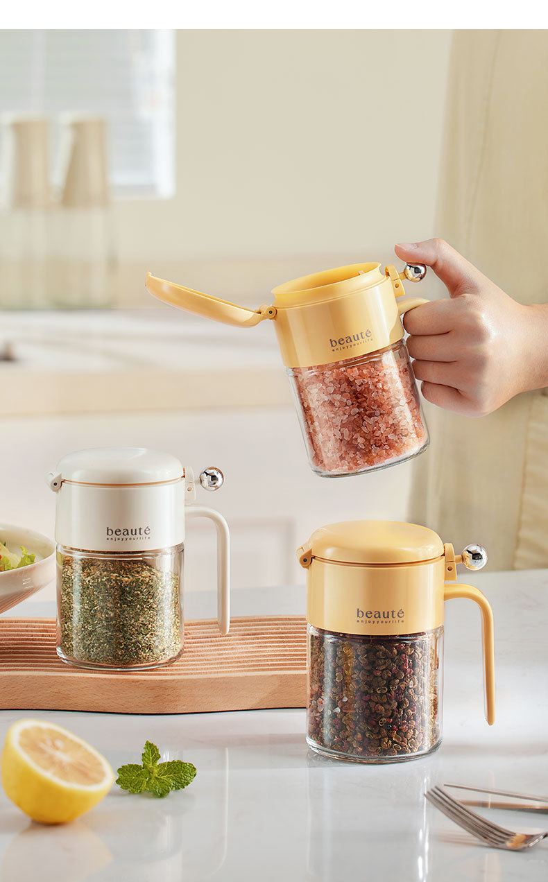 自主设计密封调料罐防潮玻璃调料瓶带勺厨房装盐调料盒调味盐罐详情11