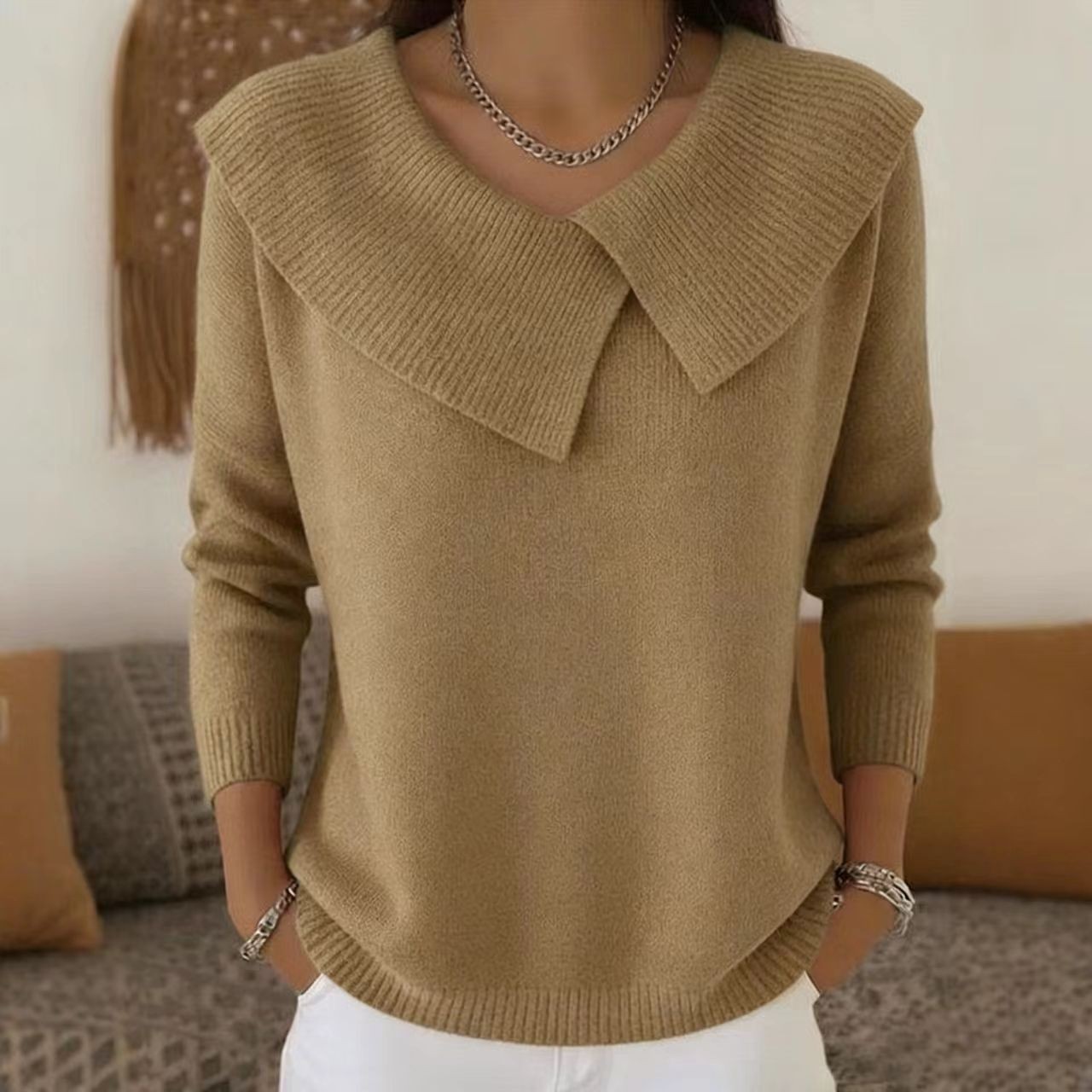 Korean-style retro and playful 2025, fashionable and slimming lapel sweater, versatile knitted, laid-back and elegant for women pic 5