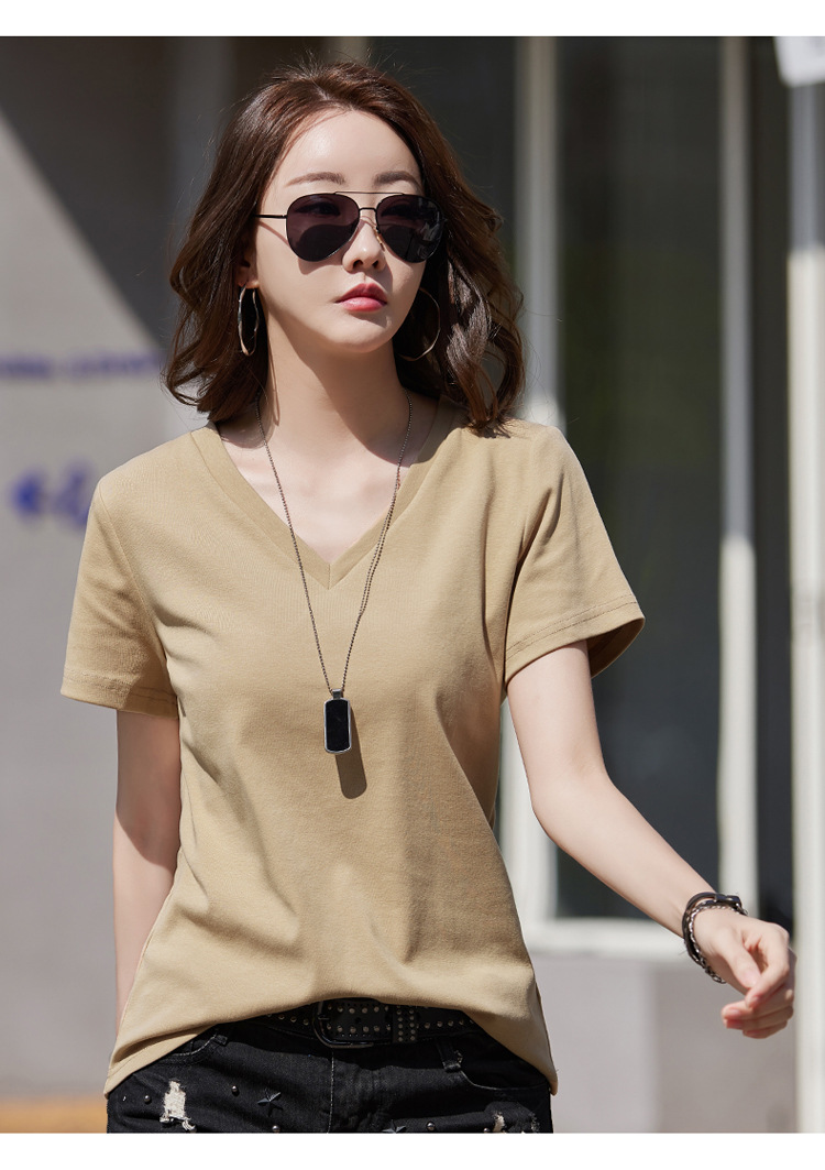 一件代发夏季新款短袖T恤女宽松纯棉V领大码纯色上衣紫色跨境货源详情12