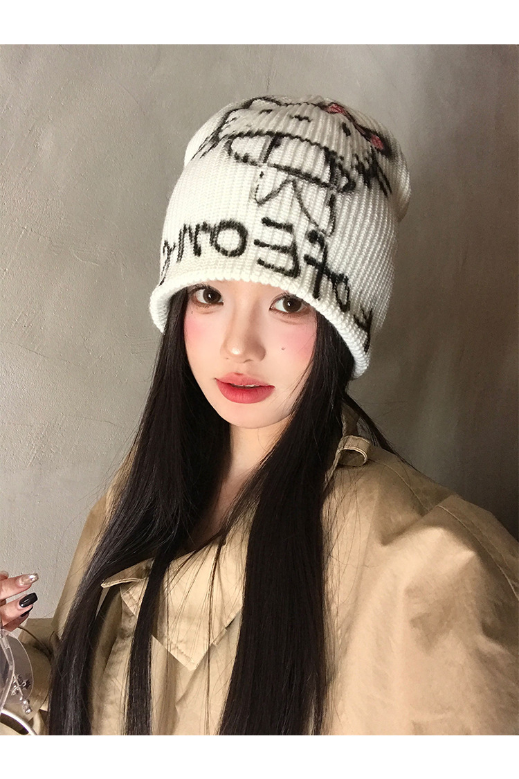 American hot girl kitty cat graffiti cold hat for women, warm knitted woolen hat for autumn and winter, face-showing small headscarf hat pic 7