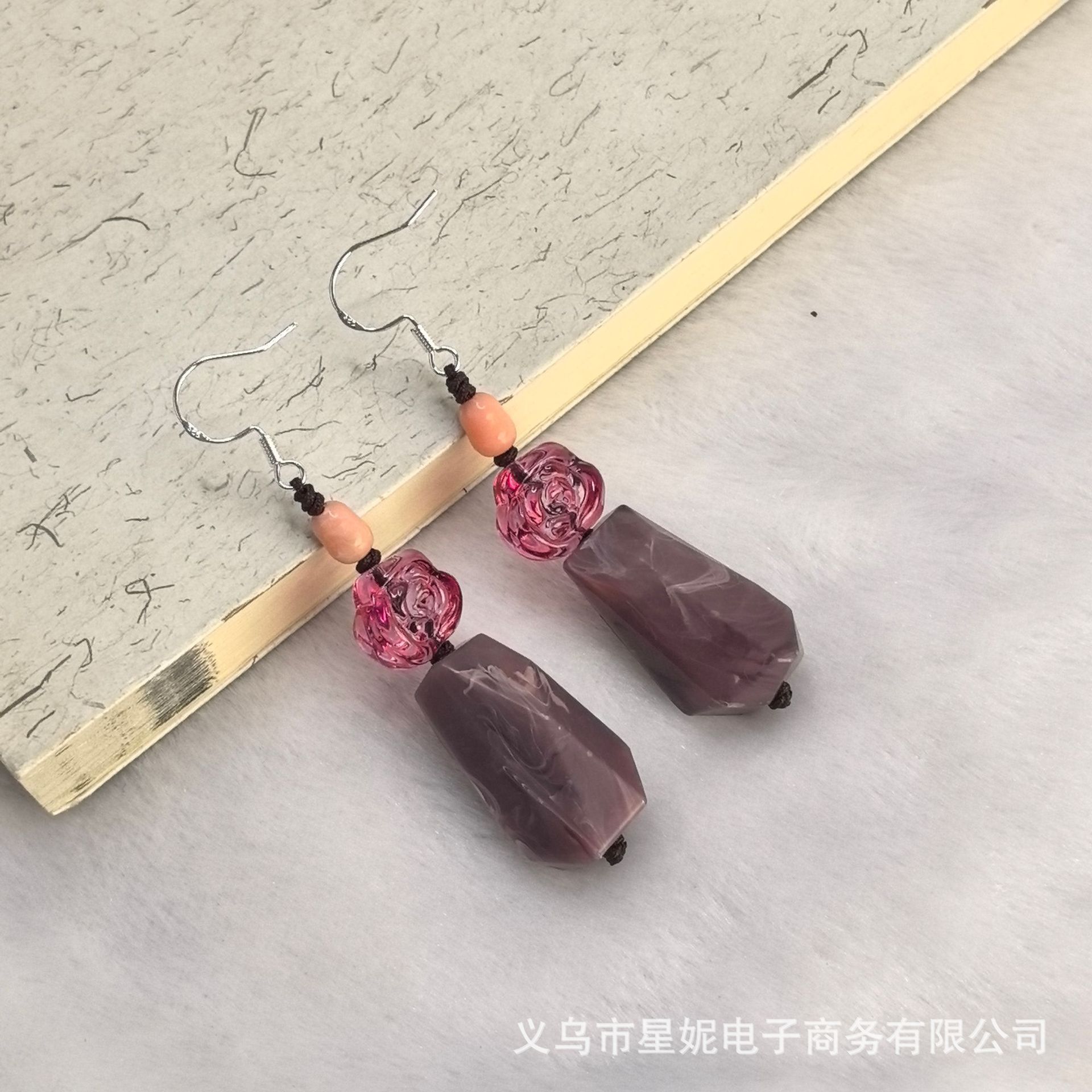 新中式玫瑰花红色紫色清新绿古装汉服轻奢长款不规则耳饰进口详情13