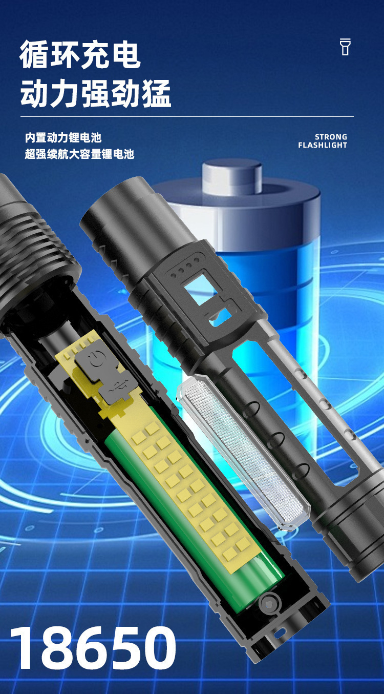 Cross-border multi-functional telescopic zoom electric display high-power strong light pen holder red and blue flashing warning tape side light flashlight pic 16