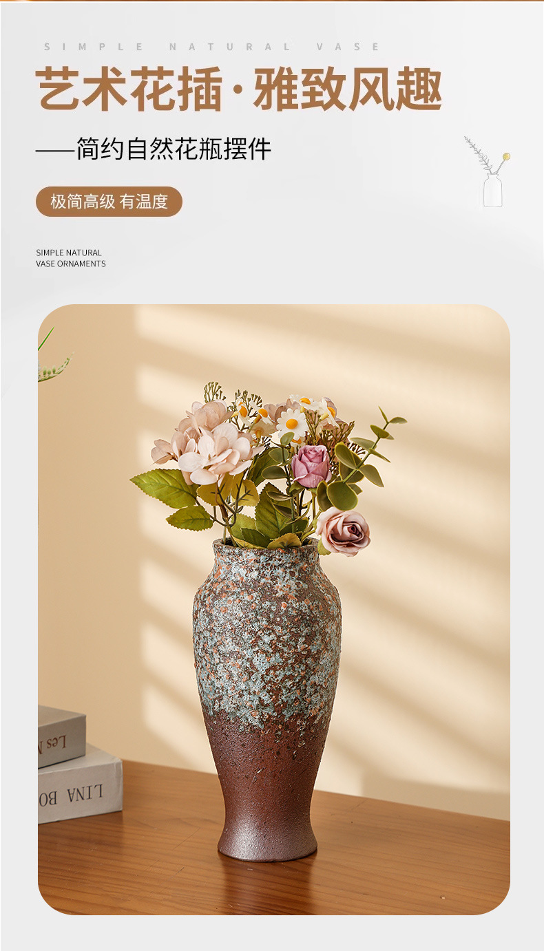2025 Large-diameter vase, ceramic hydroponic and hydroponic fresh flower arrangement, artificial handcrafted flowers, retro large dried flowers pic 2