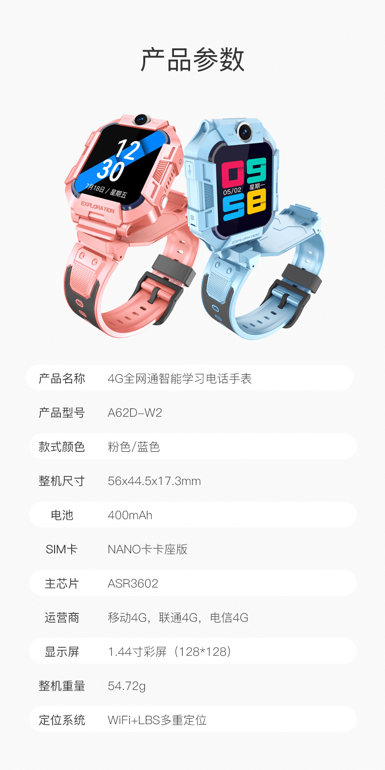 A62D旋转双摄儿童电话手表定位手表4G全网通小学生智能手表批发详情9