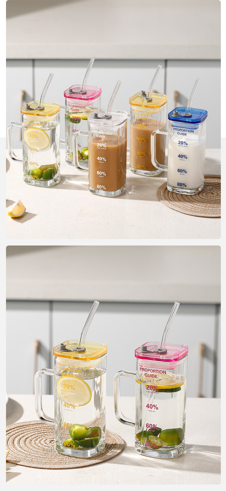 Simple water cup, square glass with straw, high-temperature resistant office and household transparent handle cup, milk cup pic 13