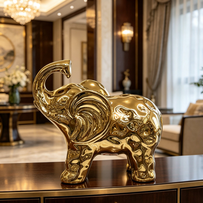 Light luxury and minimalist golden elephant figurine, ceramic elephant, living room entrance, model room, soft decoration handicraft pic 6