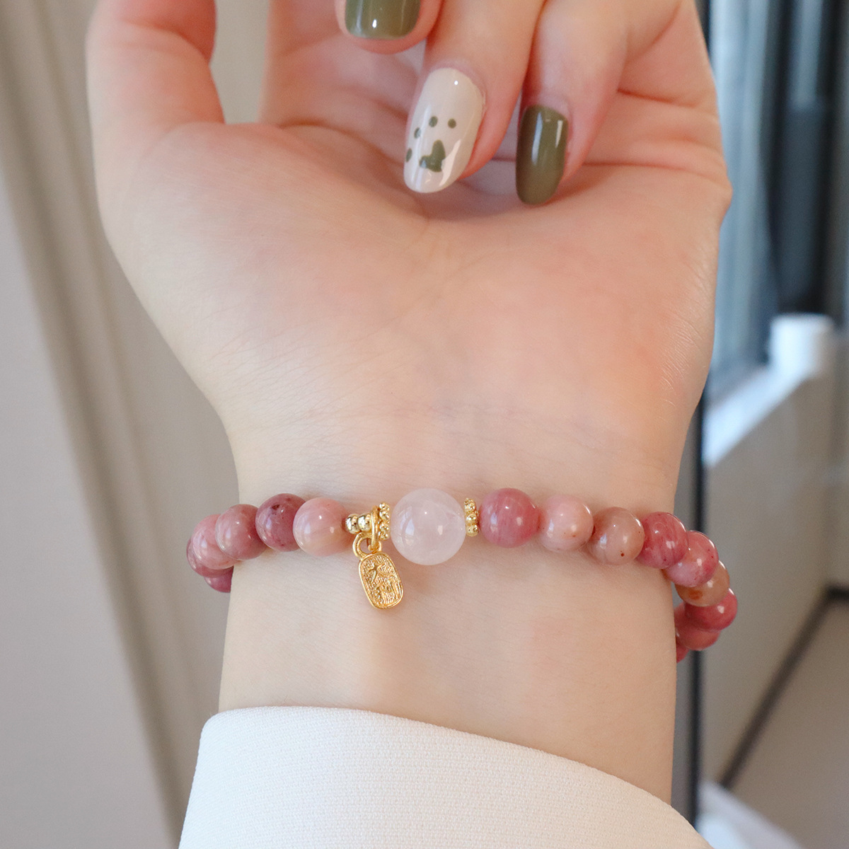 红纹石手链天然淡水珍珠玉髓高级感天然石手串女平安扣星星设计详情13