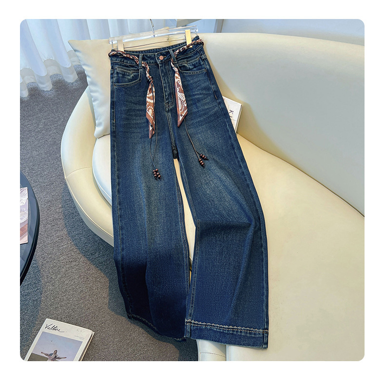 复古蓝加绒阔腿牛仔裤女春秋款2026新款复古宽松垂感小个子直筒裤详情9