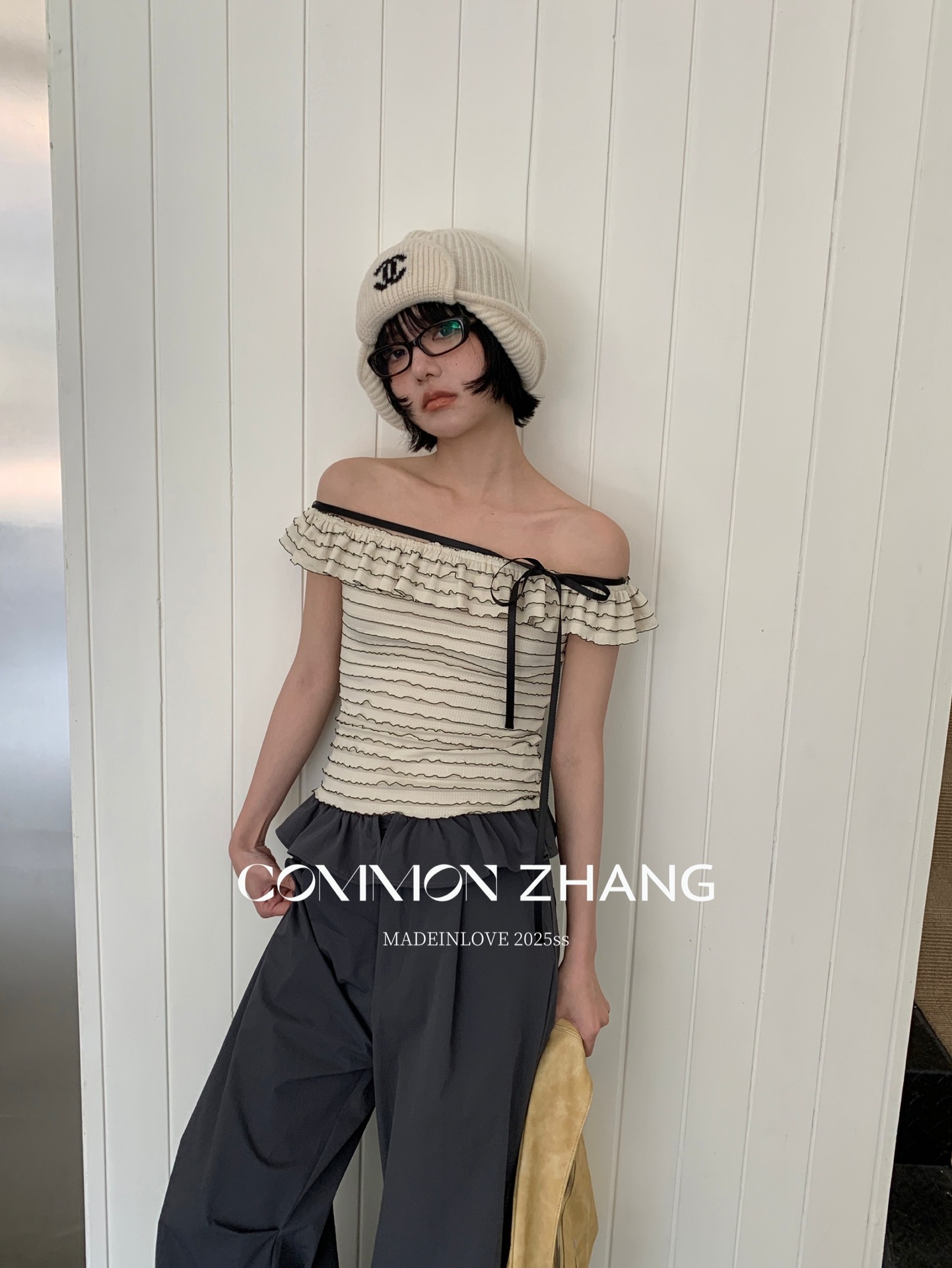 CZ ZHANG Summer French lace one-shoulder off-the-shoulder, contrasting color striped waist-cinching slim shirt B23795 pic 35