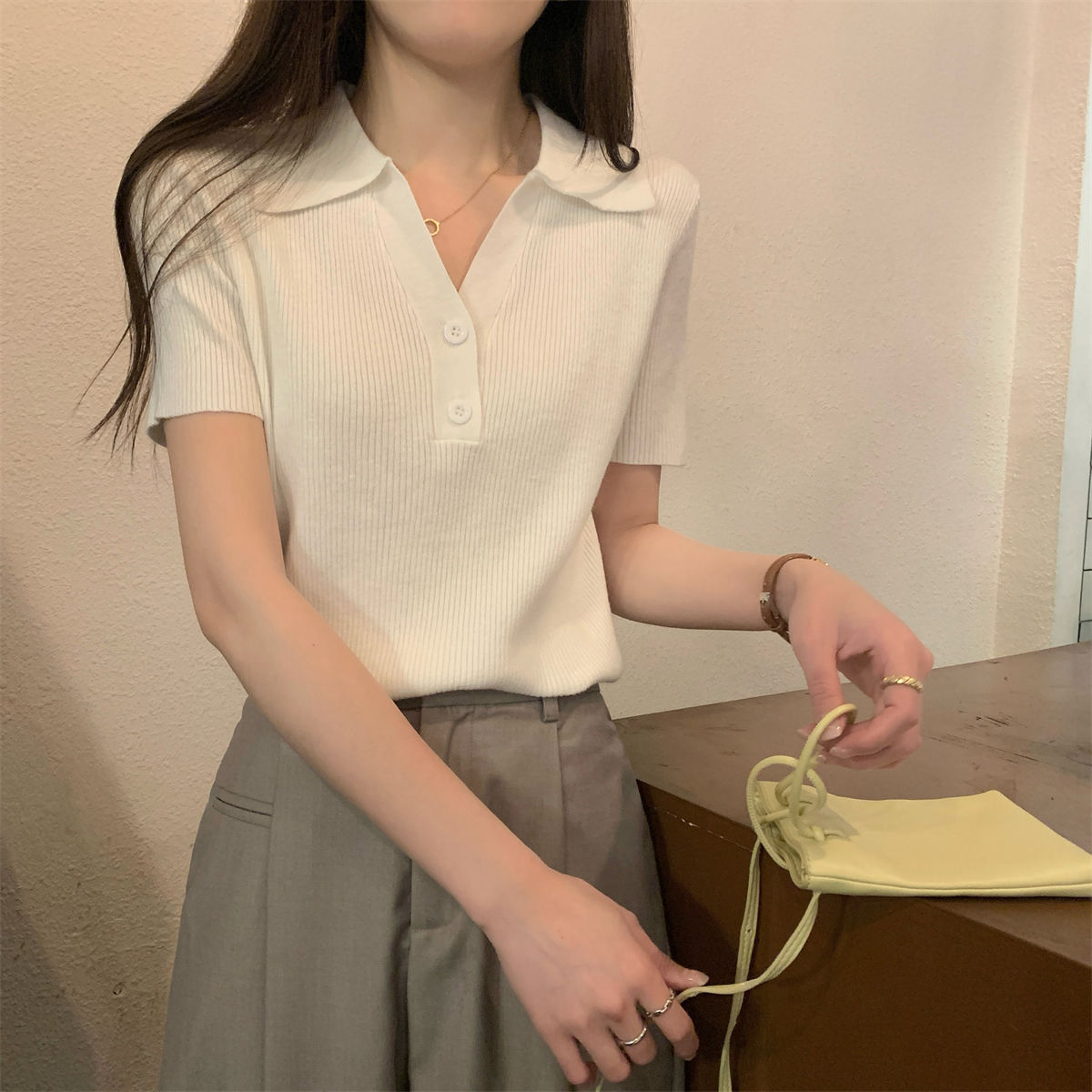 韩系坑条针织T恤夏季修身显瘦polo翻领正肩短袖女上衣气质打底衫详情24