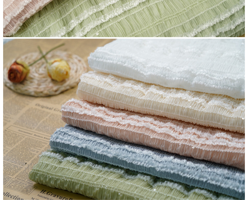 Summer new style chiffon striped crocheted black ear-trimmed pleated fabric multi-color fairy dress, wedding dress and evening gown fashion fabric pic 21