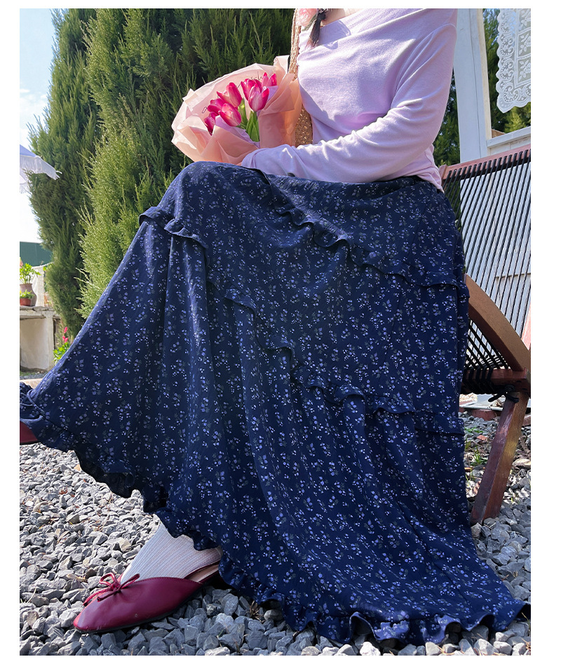 半身裙女春秋冬新款韩式复古蓝色碎花闲慵懒风长裙子高腰 a字裙休详情29
