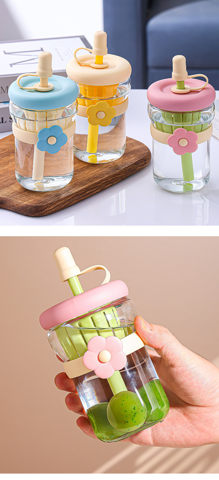 网红花朵杯玻璃水杯带吸管伴手礼杯子女生高颜值ins风茶水分离杯详情10