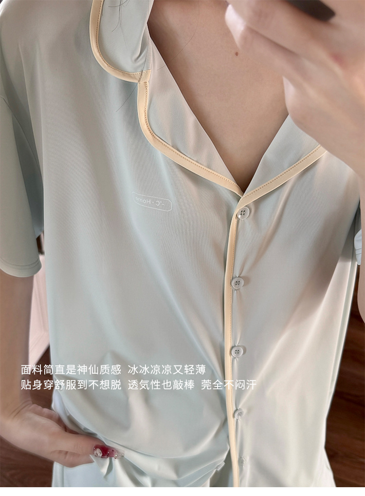 A two-piece set of casual wear for women in the original color ice leather, a summer pajama set with a cool and contrasting color, featuring new short-sleeved shirts and shorts pic 32