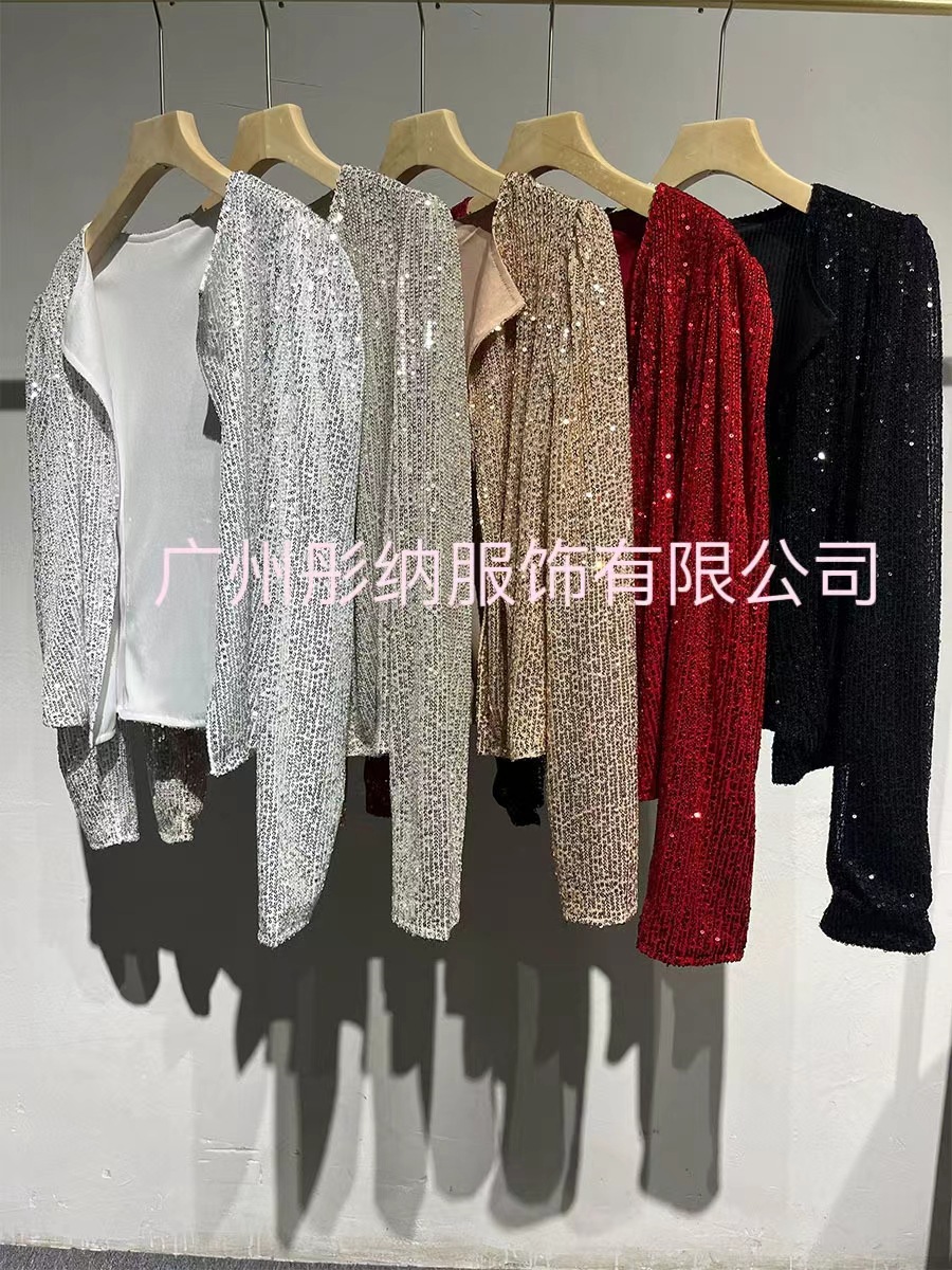 2025春季欧美亚马逊跨境爆款圆领长袖纯色开衫休闲百搭亮片外套女详情5
