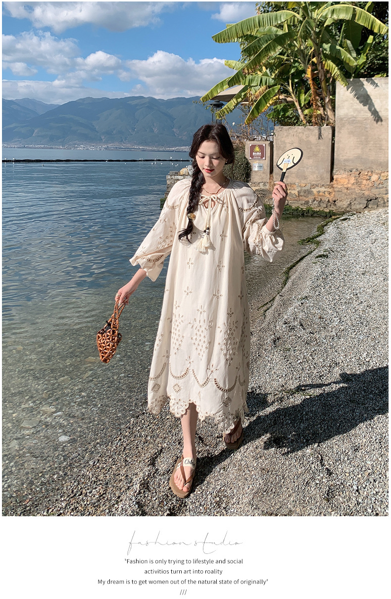 Real photo of a retro, gentle, cut-out embroidered V-neck apricot-colored dress, 2025 new seaside vacation style long-sleeved umbrella dress pic 39