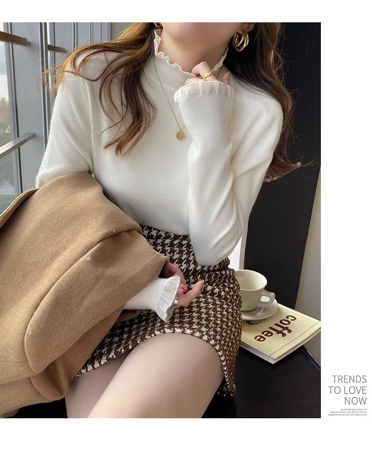 一件代发加绒加厚半高领内搭打底衫女秋冬长袖针织上衣蕾丝边毛衣详情13