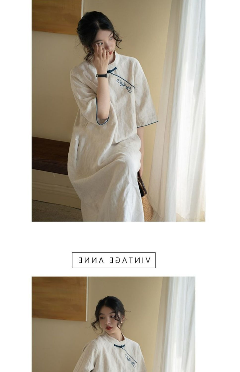2025春夏季棉麻宽松复古刺绣新中式改良旗袍连衣裙小立领绣花裙子详情9