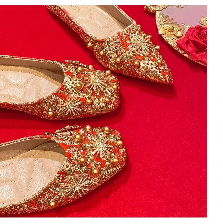 国潮国潮国潮中国风方头浅口红色婚鞋女低跟平底水钻软底防滑孕妇秀禾服新娘鞋国潮国潮详情12