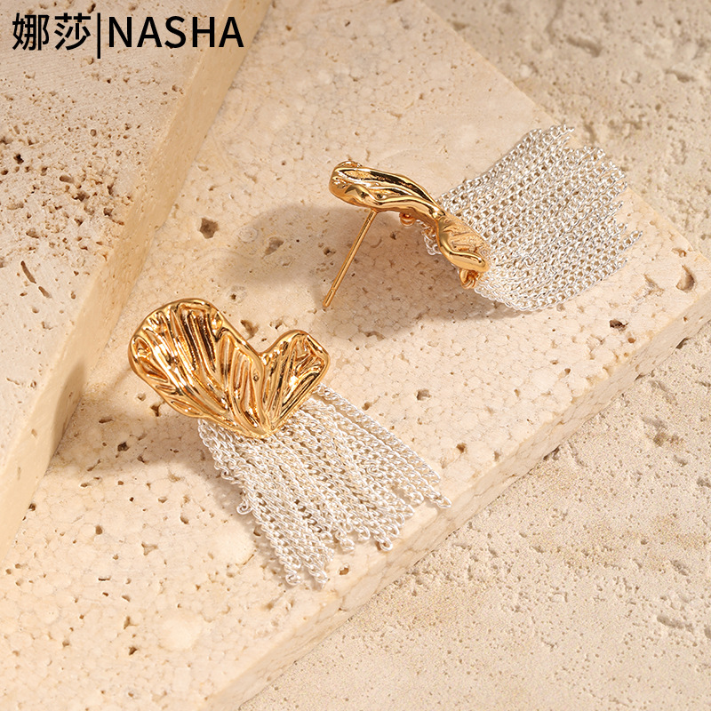 娜莎跨境黄铜复古流苏蝴蝶耳环女金银两色简约耳环S925银针养耳洞详情7