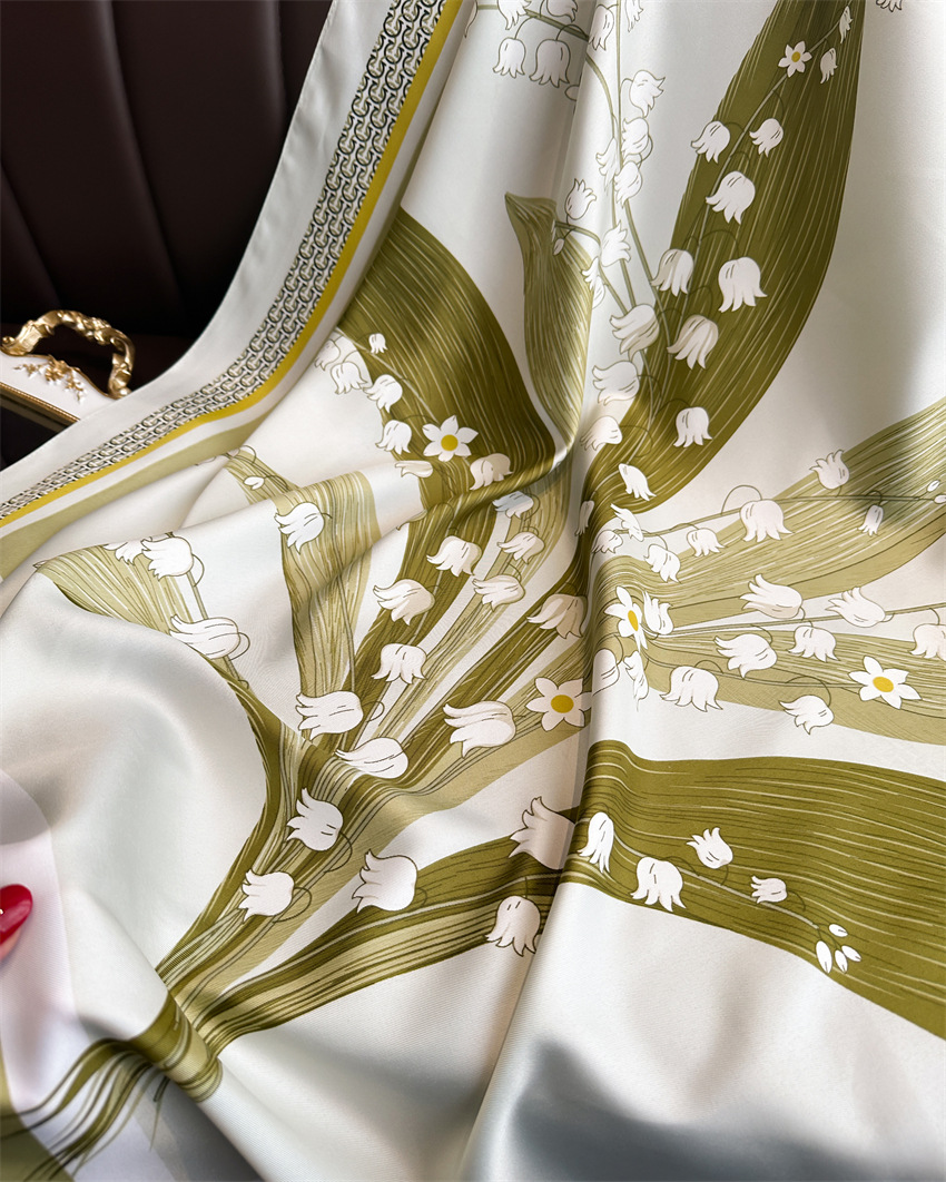 A 90cm new elegant and stylish square scarf with a twill pattern featuring Chinese trend lily of the valley flowers. It is a versatile sun-protective shawl and headscarf for women pic 7