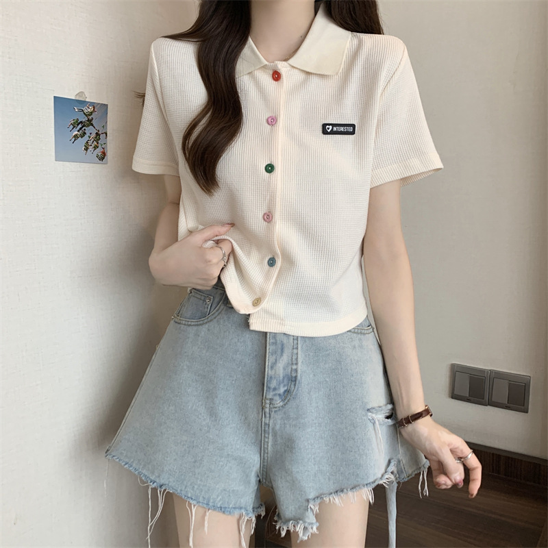 夏季大码胖mm学院风减龄彩色扣polo领正肩黑色短袖T恤女小衫上衣详情21