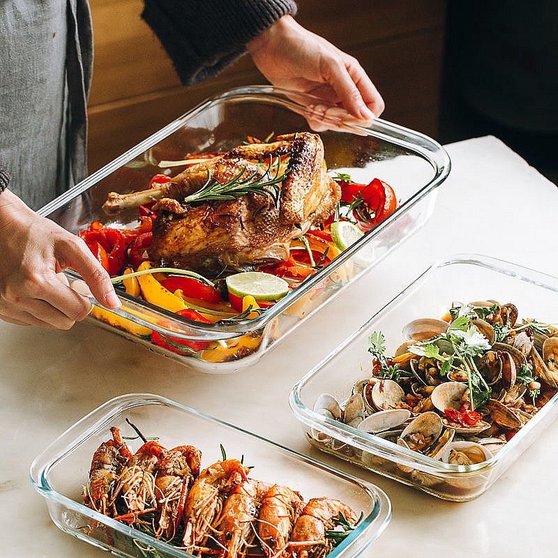 Wholesale of three-piece rectangular heat-resistant glass baking trays with LIDS for home kitchen steaming and roasting fish plates and tableware pic 10