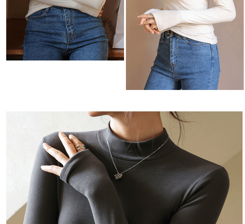 A semi-high-necked fleece base layer for women to wear as an inner layer in autumn and winter. It is a long-sleeved mid-necked solid color fitted base layer pic 22