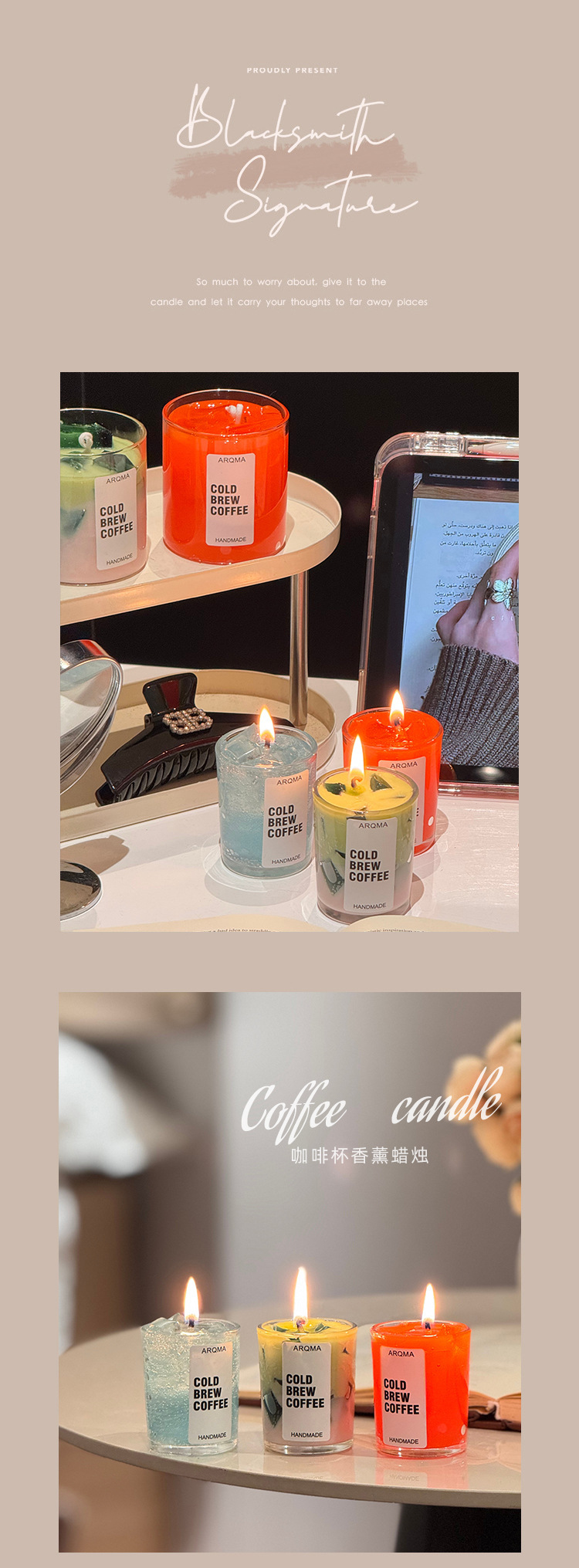 Three different colors of scented candles: red gradient blue AROMA COLD BREW COFFEE MANOMICE Coconut Scented car silicone candle mold pic 7