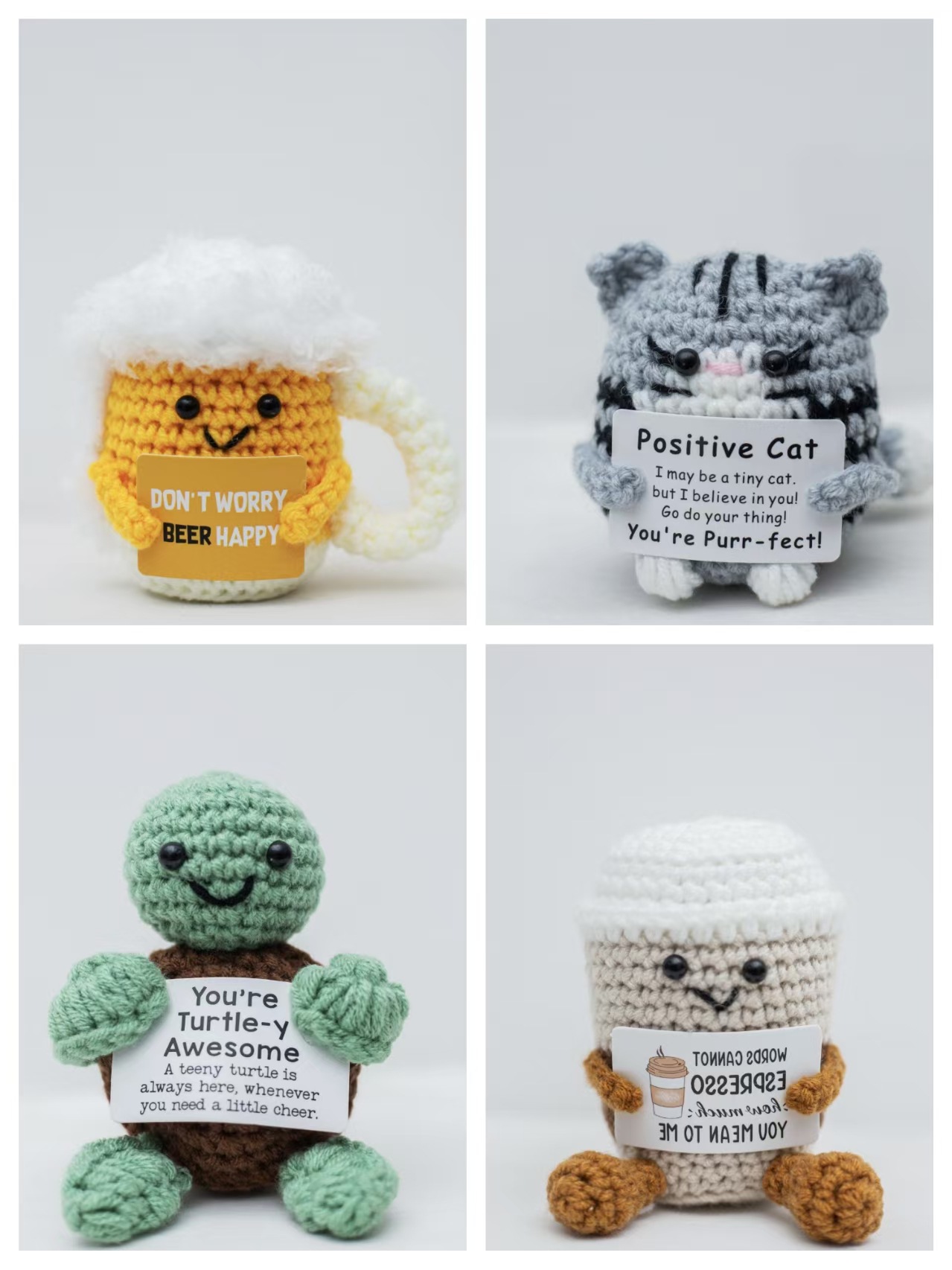 Handmade crocheted woolen plush toy, creative display piece, cute and positive energy, little cat, little turtle, beer mug hanging decoration, cartoon style pic 1